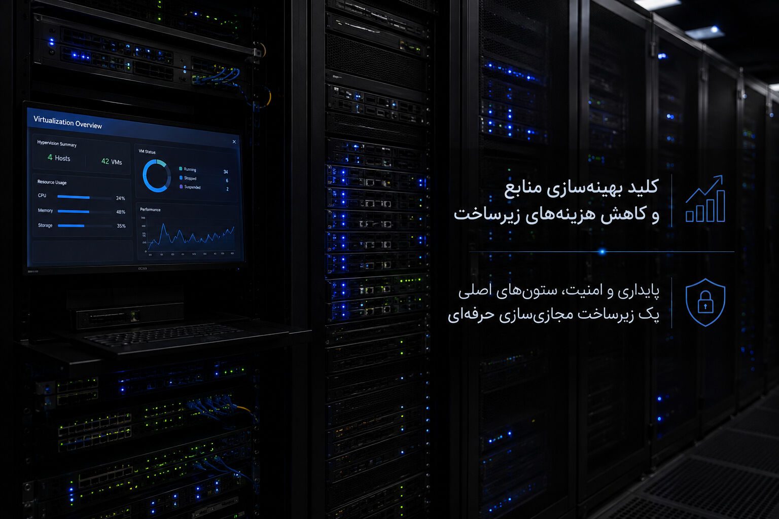 تجهیزات الکترونیکی در اتاق سرور تاریک